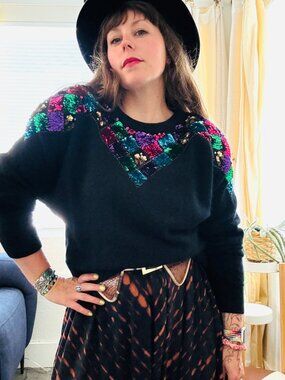 Vintage 80s Climax Black Lambswool Angora Bright Sequin Sweater | Size M/L